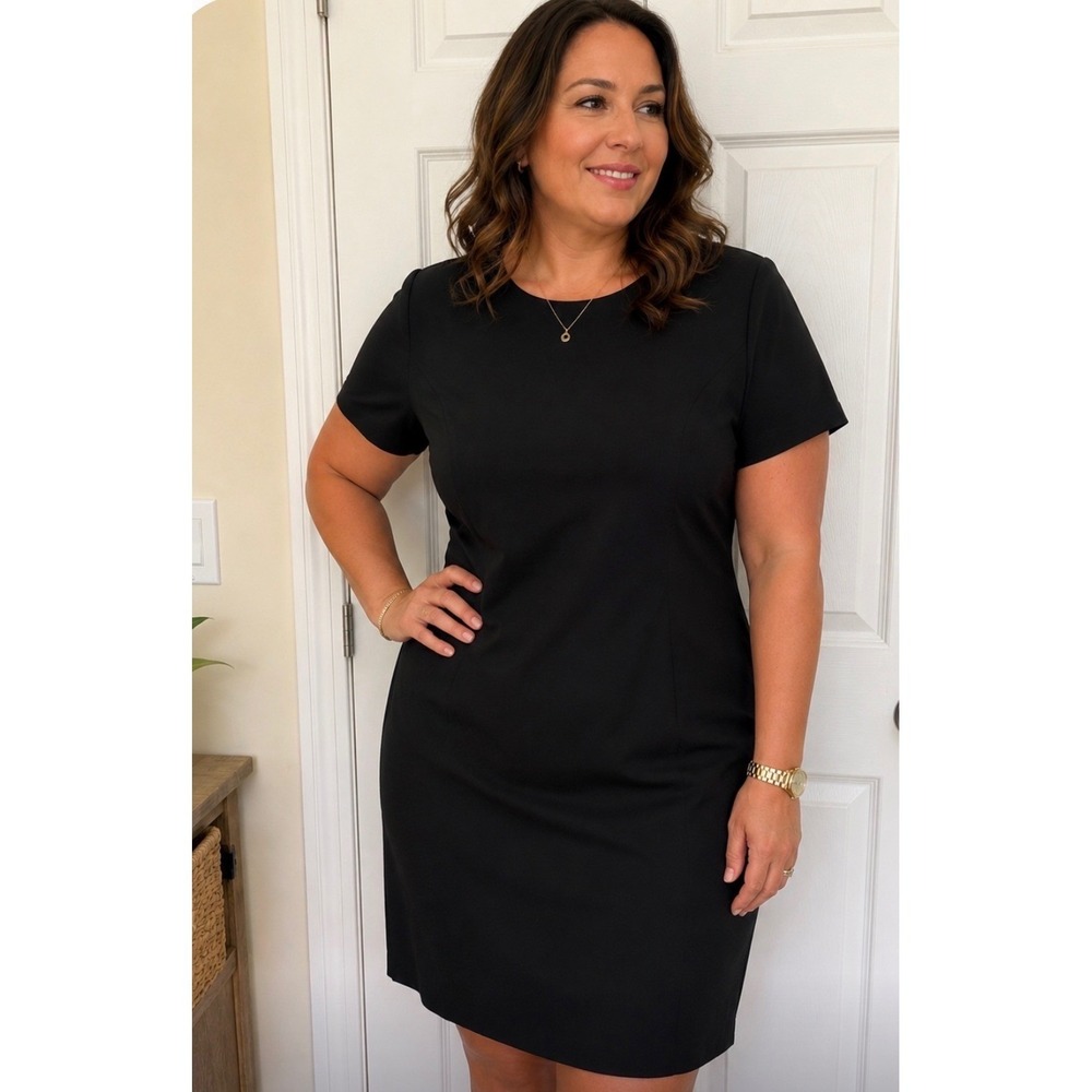 Albert Nipon Black Worsted Wool Sheath Dress Short Sleeve Made in USA Size 12